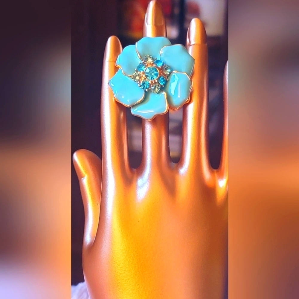 Turquoise/Gold Embossed‎ Ring Blue and Green rhinestones Sz 6-Adjustable